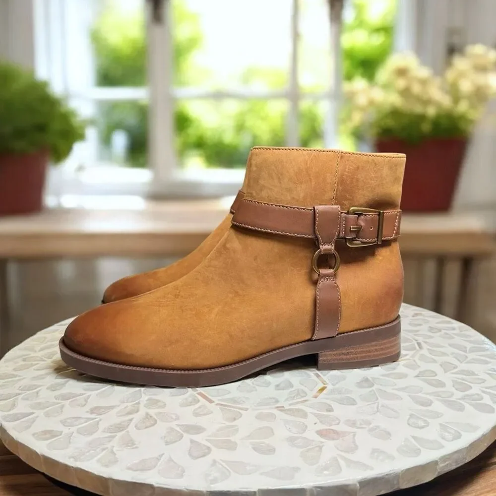 Vionic $190 Rhiannon Equestrian Ankle Boots Cognac Nubuck Leather Buckle Detail